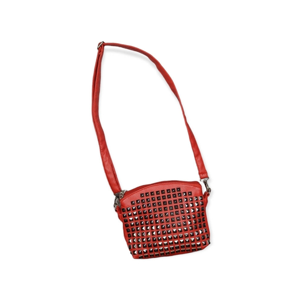 Faux Leather Red Shoulder Bag with Metallic Accents
